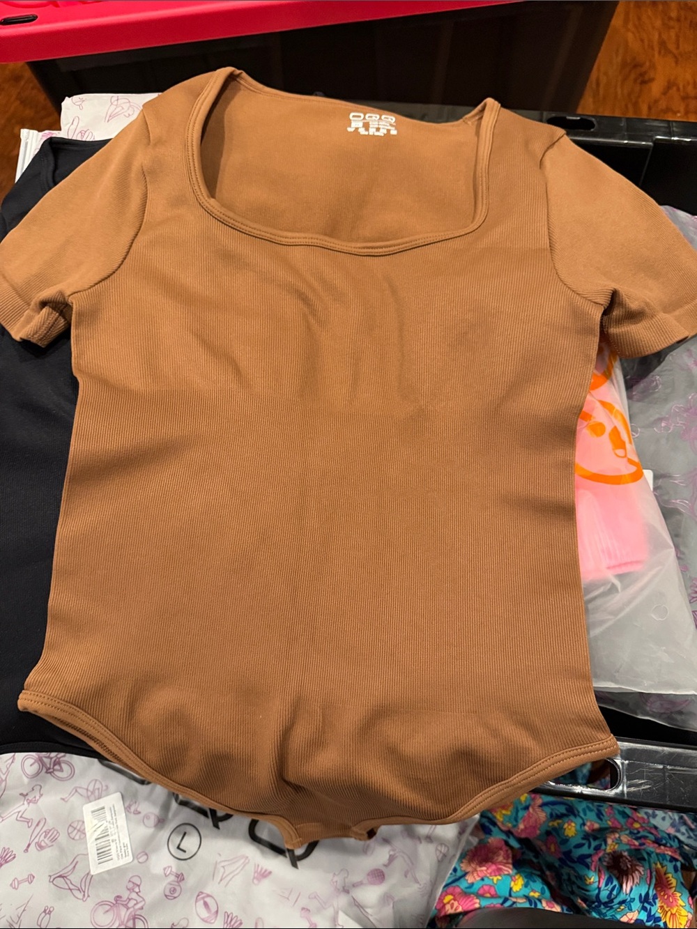 OQQ Women’s Square Neck Short Sleeve Bodysuit - Brown and Black
